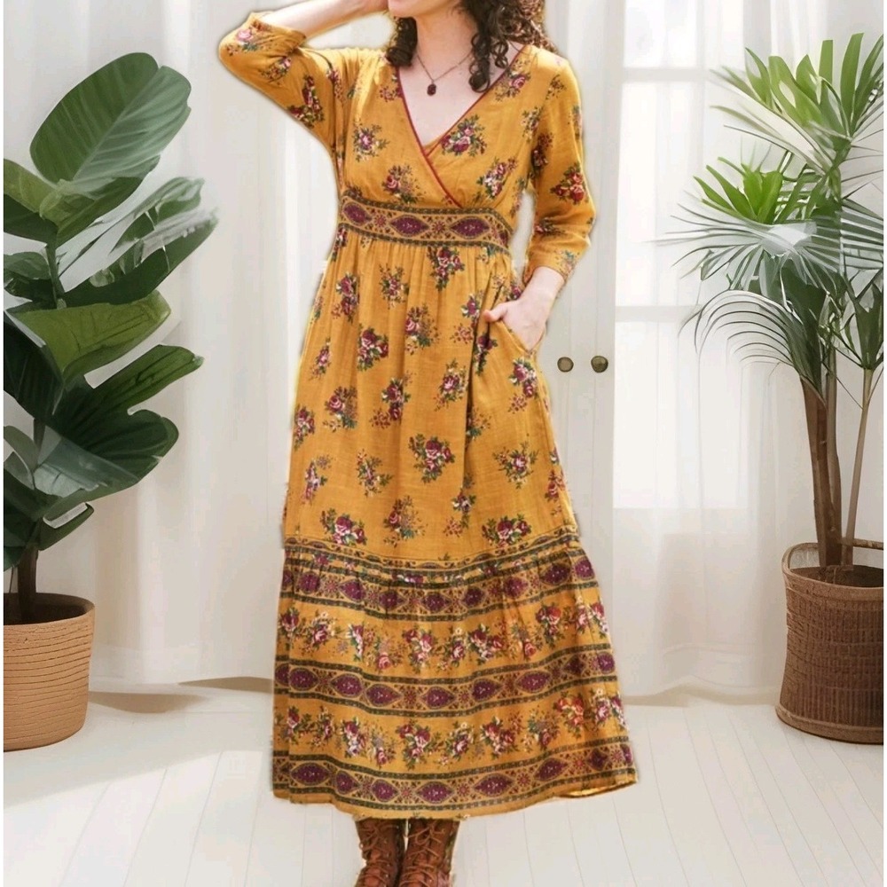 Boho Floral Wrap Maxi Dress in Mustard